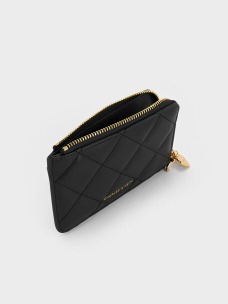 Arrietty Quilted Bow-Heart Charm Zip-Around Wallet, Black, hi-res