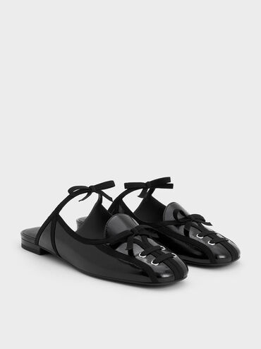 Crinkle-Effect Lace-Up Bow Ballet Mules, Black, hi-res