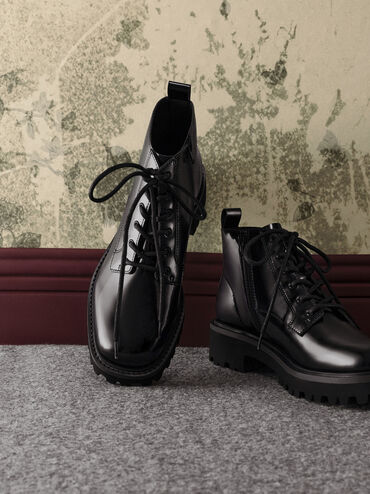 Ridged-Sole Side-Zip Combat Boots, Black Box, hi-res