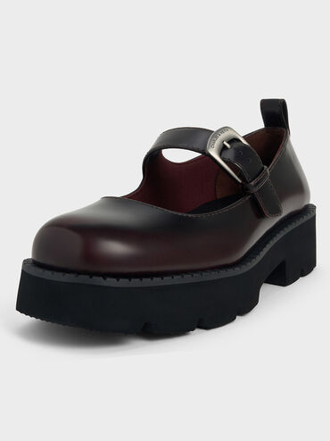 Buckled Ridged-Sole Chunky Mary Janes, Burgundy, hi-res