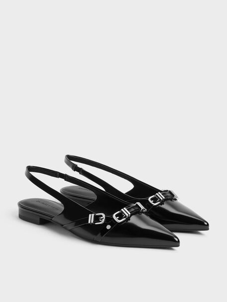 Aira Buckled-Strap Slingback Flats, Black Box, hi-res
