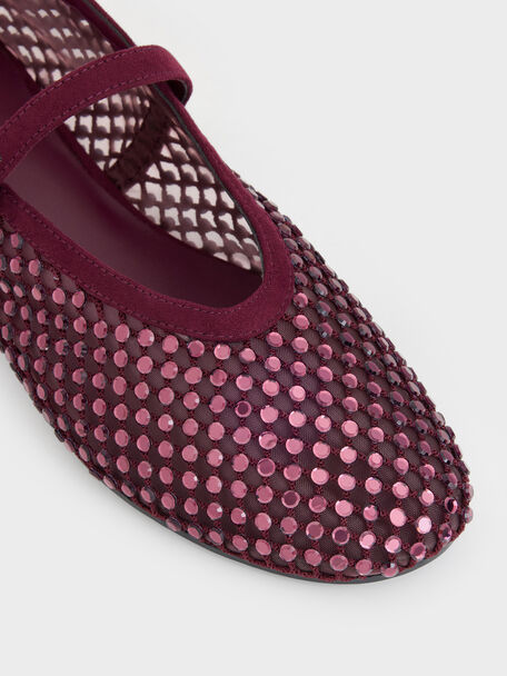 Maggie Mesh Crystal Mary Janes, Burgundy, hi-res