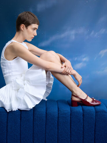 Patent Bow Crystal-Pearl Slingback Mary Jane Pumps, Burgundy, hi-res