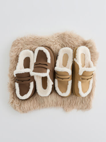 Recycled-Fur Flatform Mules, Sand, hi-res