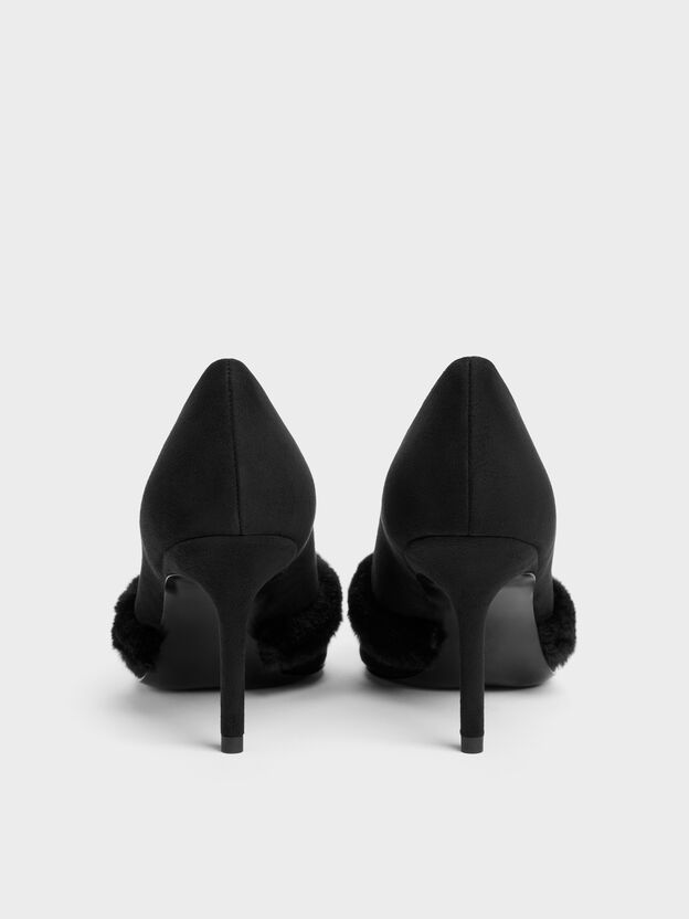 Emila Faux Suede Fur-Trim Pointed Pumps, Black Textured, hi-res
