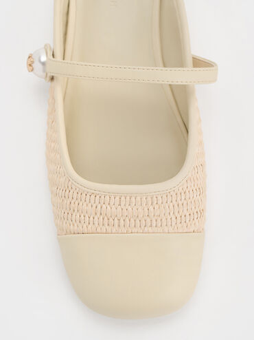 Aeryn Raffia Pearl-Embellished Slip-On Mary Janes, Cream, hi-res