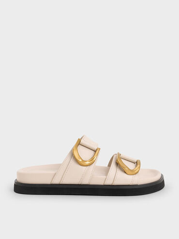 Gabine Gold-Buckle Leather Slides, Oat, hi-res
