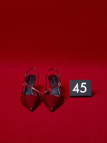 Wynn Patent Buckled Sculptural-Heel Slingback Pumps, Red, hi-res