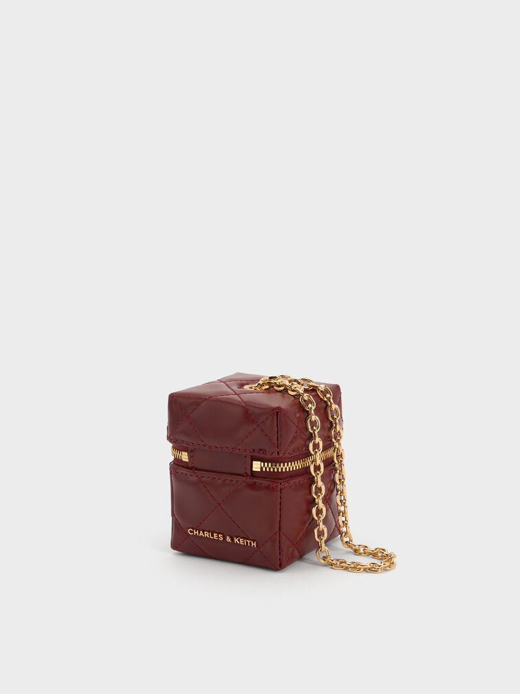 Janie Metallic Quilted Chain-Handle Micro Bag, Burgundy, hi-res