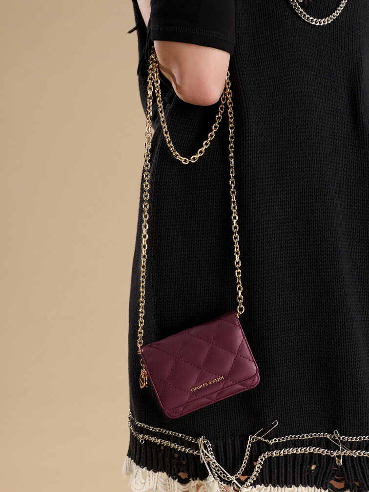 Arrietty Quilted Bow-Heart Charm Small Wallet, Wineberry Red, hi-res