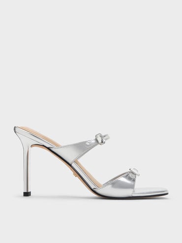 Metallic Leather Gem-Buckle Double-Strap Heeled Sandals, Silver, hi-res
