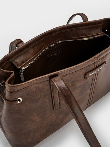 Noane Elongated-Handle Shoulder Bag, Distressed Coffee, hi-res