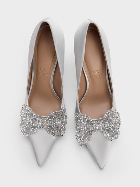 Beaded Bow Pumps, Silver, hi-res