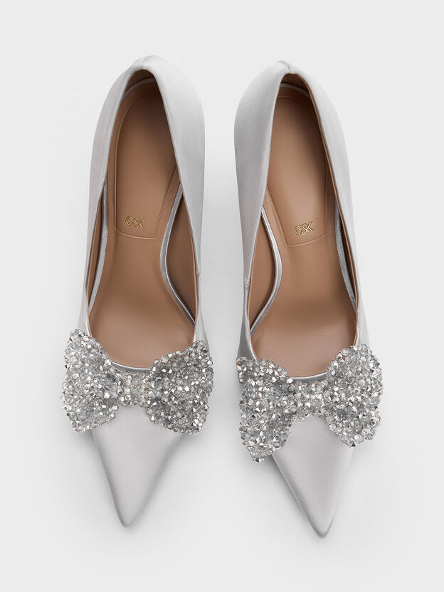 Beaded Bow Pumps, Silver, hi-res