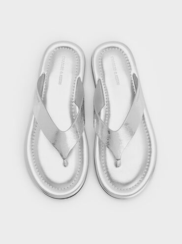 Trinah Metallic Crinkle-Effect Thong Sandals, Silver, hi-res