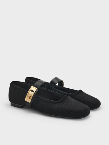 Lando Velvet Metallic-Buckle Mary Jane Flats, Black Textured, hi-res