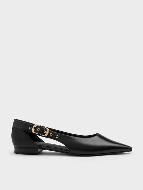 Buckled Cut-Out Ballet Flats, Black, hi-res