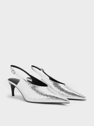 Metallic Crinkle-Effect Pointed-Toe High-Vamp Slingback Pumps, Silver, hi-res