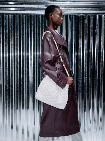 Duo Furry Chain-Handle Hobo Bag, White, hi-res