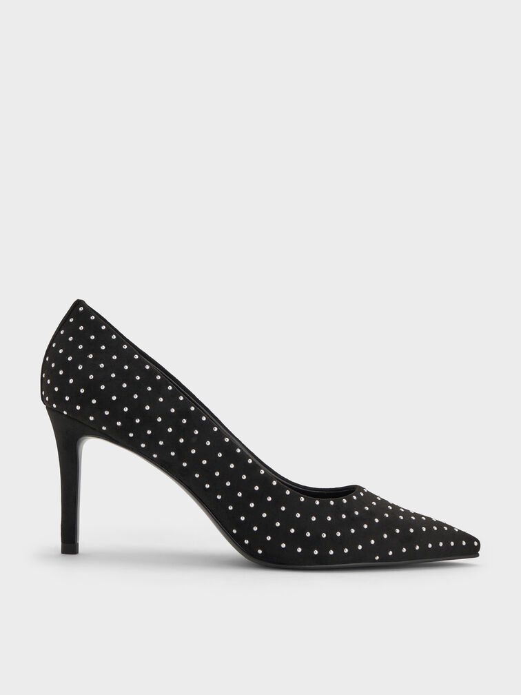 Faux Suede Studded Pointed-Toe Pumps, Black Textured, hi-res