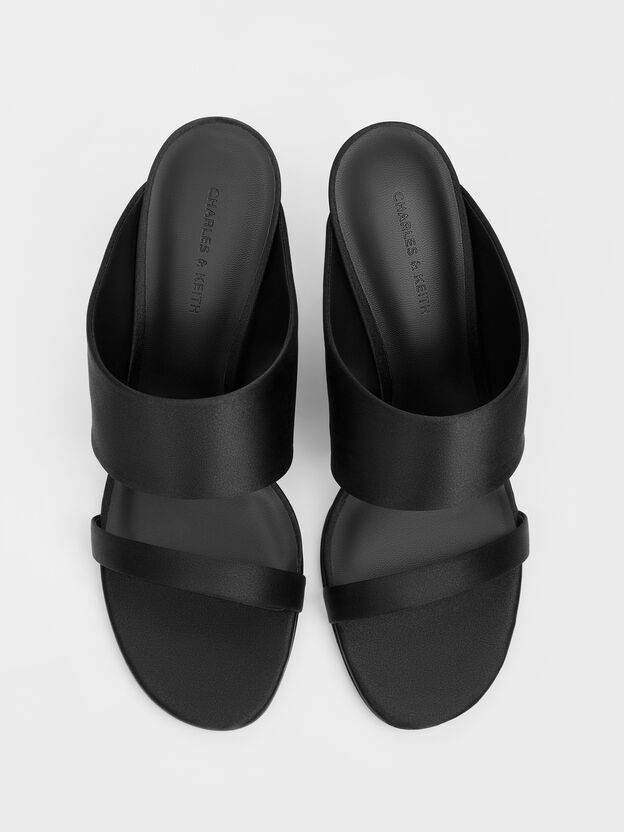 Satin Double-Strap Wedge Mules, Black Textured, hi-res