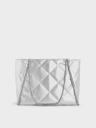 Apfra Metallic Quilted Chain-Embellished Tote Bag, Silver, hi-res