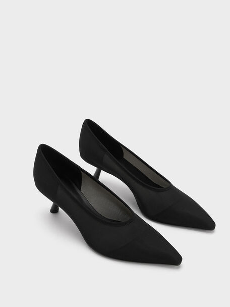 Mesh Slant-Heel Pointed-Toe Pumps, Black Textured, hi-res