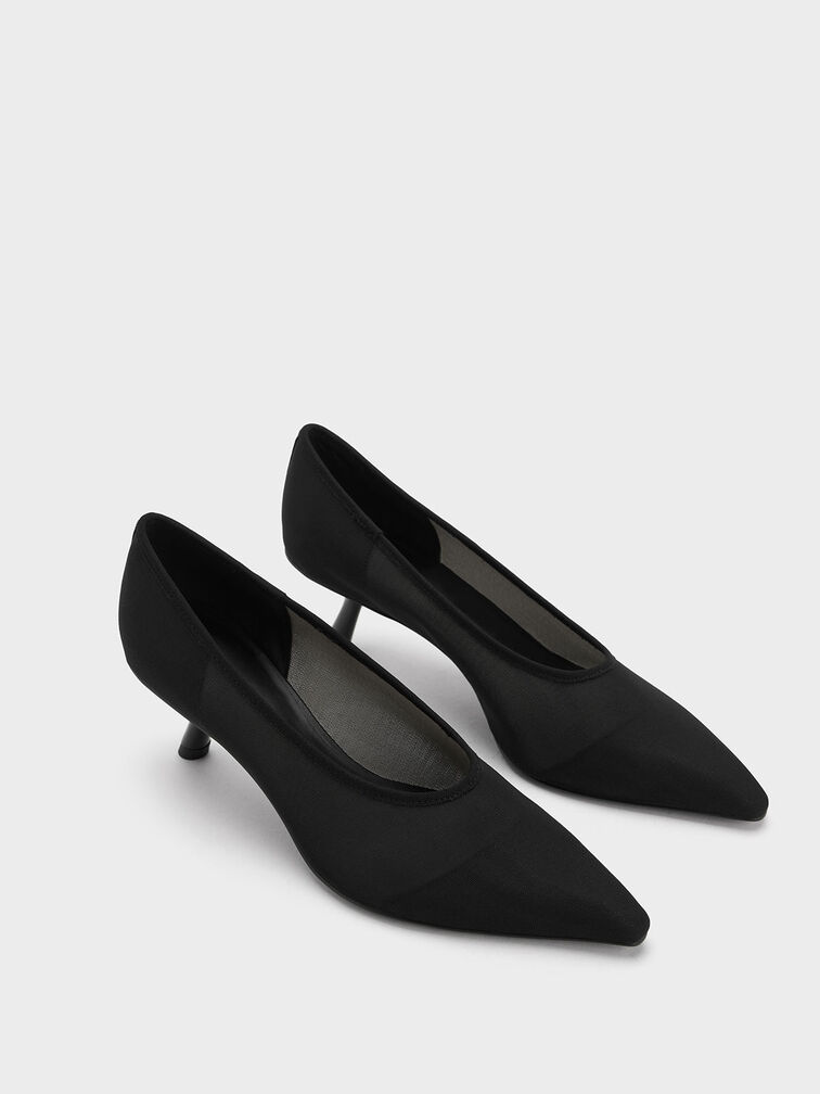 Mesh Slant-Heel Pointed-Toe Pumps, Black Textured, hi-res
