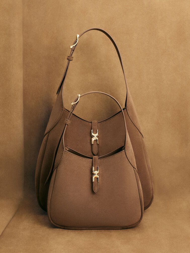 Mini Adalyn Recycled Suede Metallic-Buckle Belted Hobo Bag, Mocha Brown, hi-res