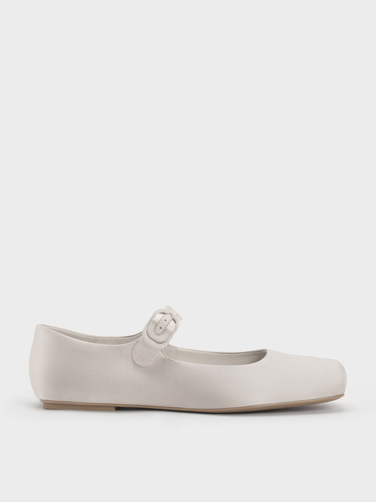 Satin Buckled Square-Toe Mary Jane Flats, Light Grey, hi-res
