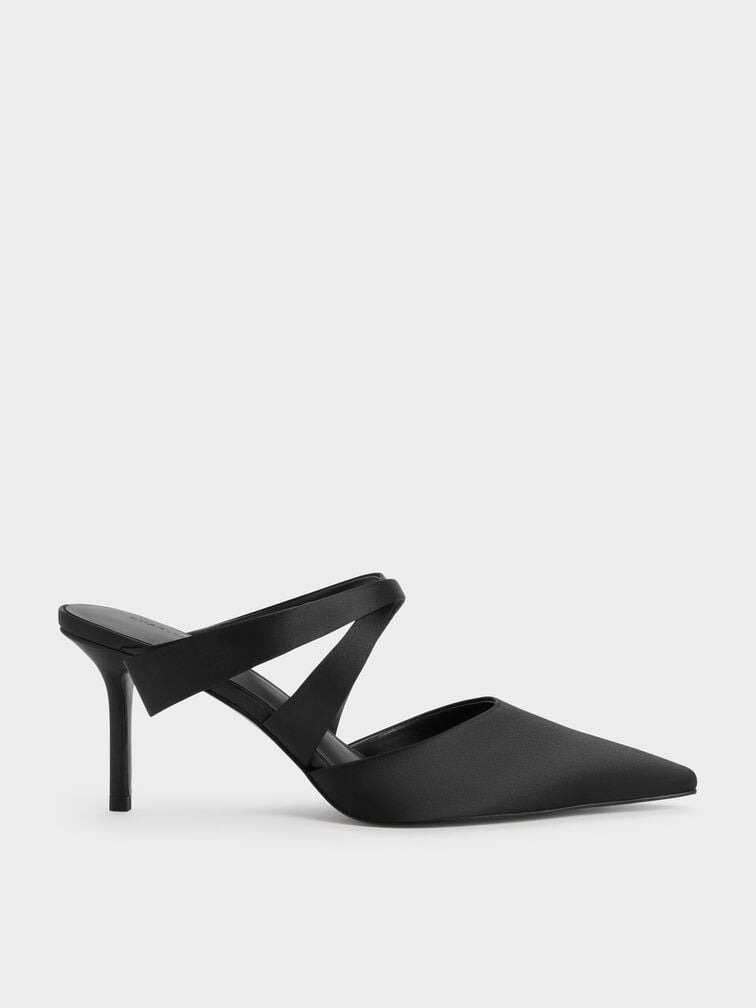 Satin Pleated-Strap Heeled Mules, Black Textured, hi-res