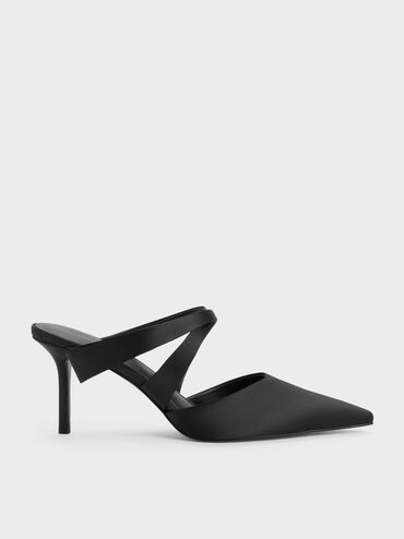 Satin Pleated-Strap Heeled Mules, Black Textured, hi-res