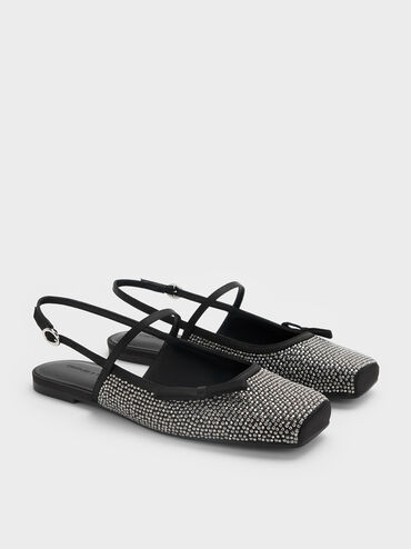 Crystal-Embellished Bow Slingback Mary Jane Flats, Black Textured, hi-res