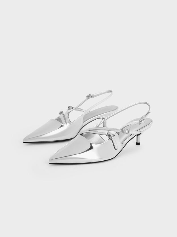 Metallic Pointed Slingback Kitten Heels, Silver, hi-res