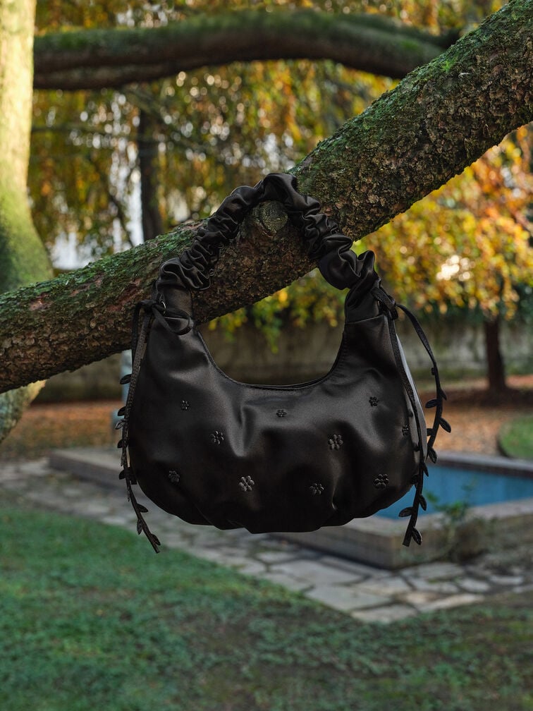 Mabel Satin Floral-Vine Hobo Bag, Noir, hi-res