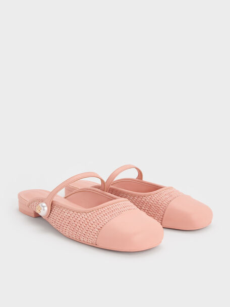 Aeryn Raffia Pearl-Embellished Slip-On Mary Janes, Peach, hi-res