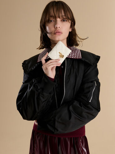 Arrietty Quilted Bow-Heart Charm Curved-Flap Wallet, Cream, hi-res