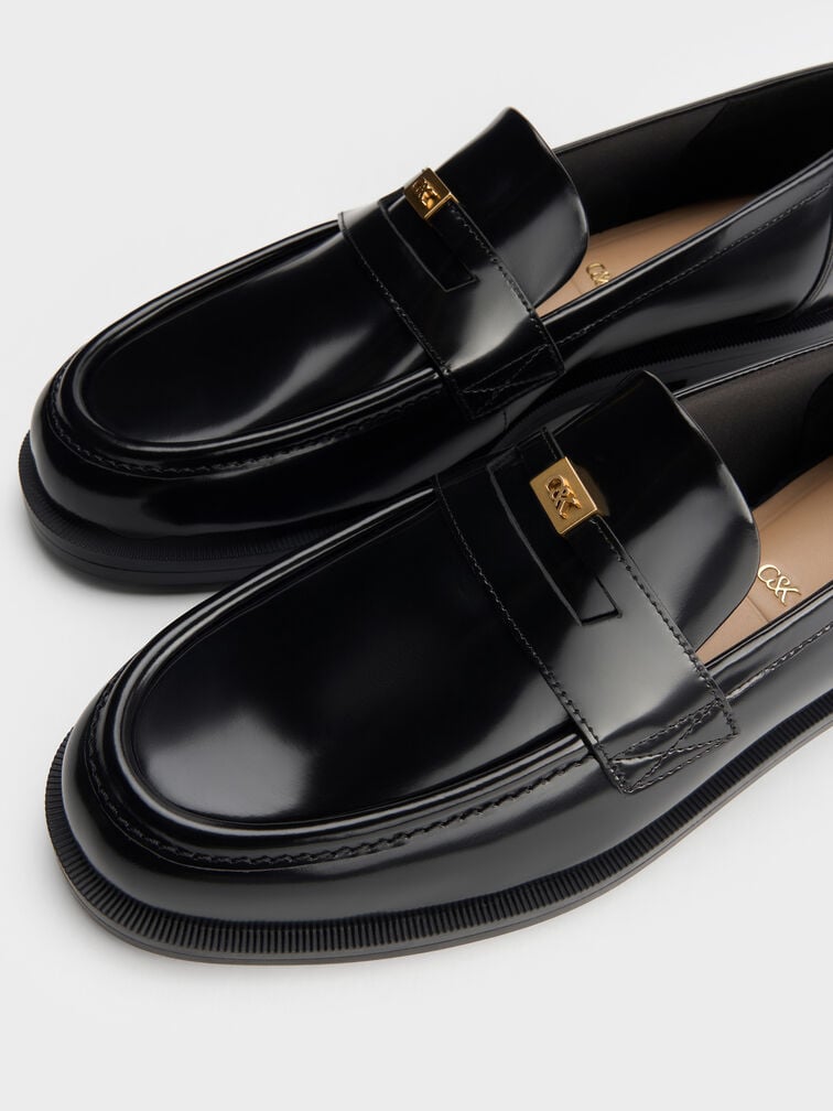 Georgina Leather Metallic-Accent Penny Loafers, Black Box, hi-res