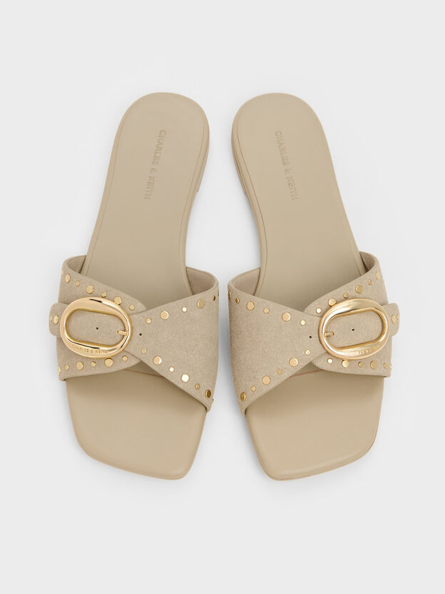 Studded Buckled Slide Sandals, Beige, hi-res
