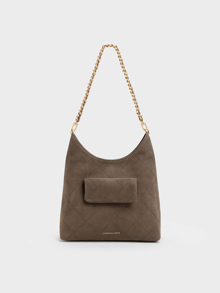 Duo Quilted Front-Pocket Chain Hobo Bag, Stone Grey, hi-res