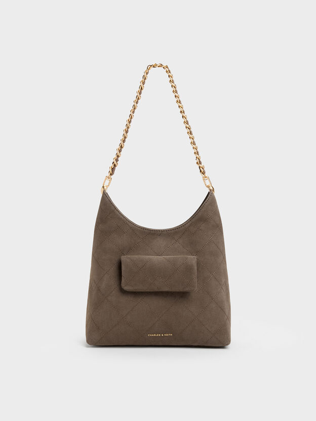 Duo Quilted Front-Pocket Chain Hobo Bag, Stone Grey, hi-res