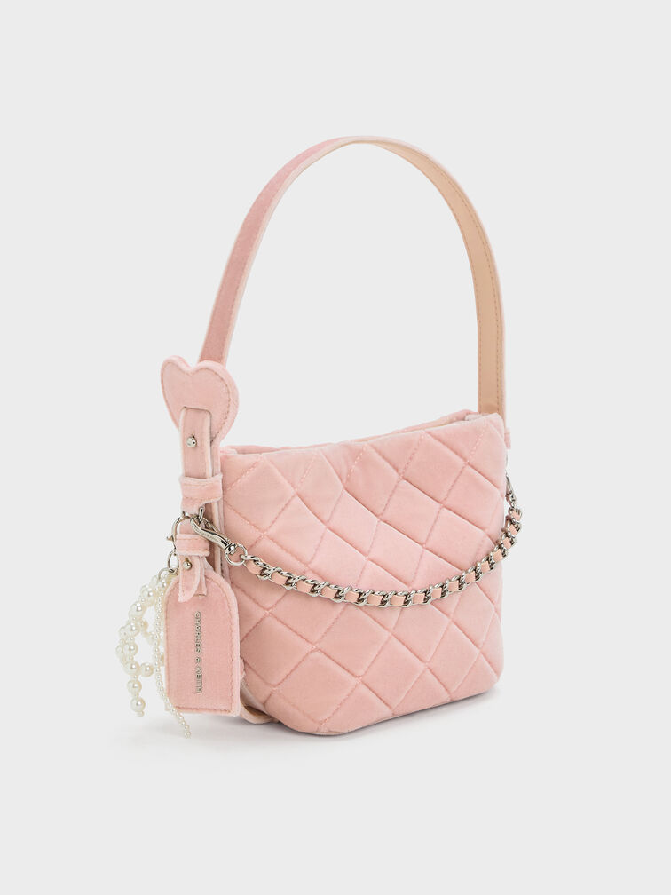 Duo Velvet Quilted Chain Bucket Bag, Pink, hi-res