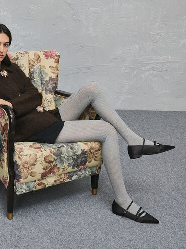 Jessy Recycled Polyester Bow Pointed-Toe Flats, Black Textured, hi-res