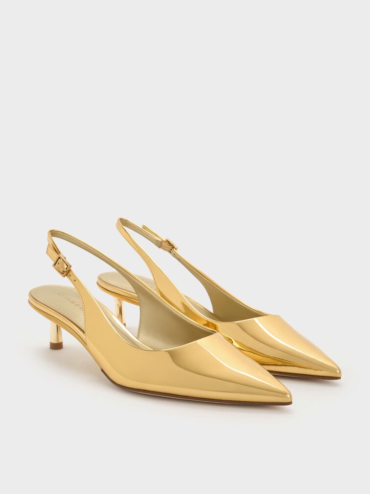Curtis Metallic Pointed-Toe Kitten-Heel Slingback Pumps, Gold, hi-res