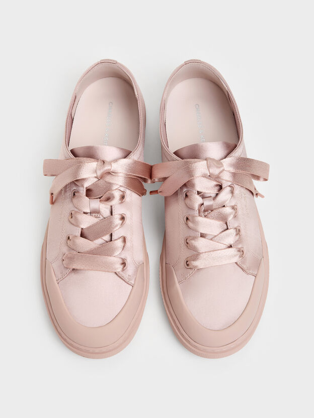 Satin Lace-Up Sneakers, Light Pink, hi-res