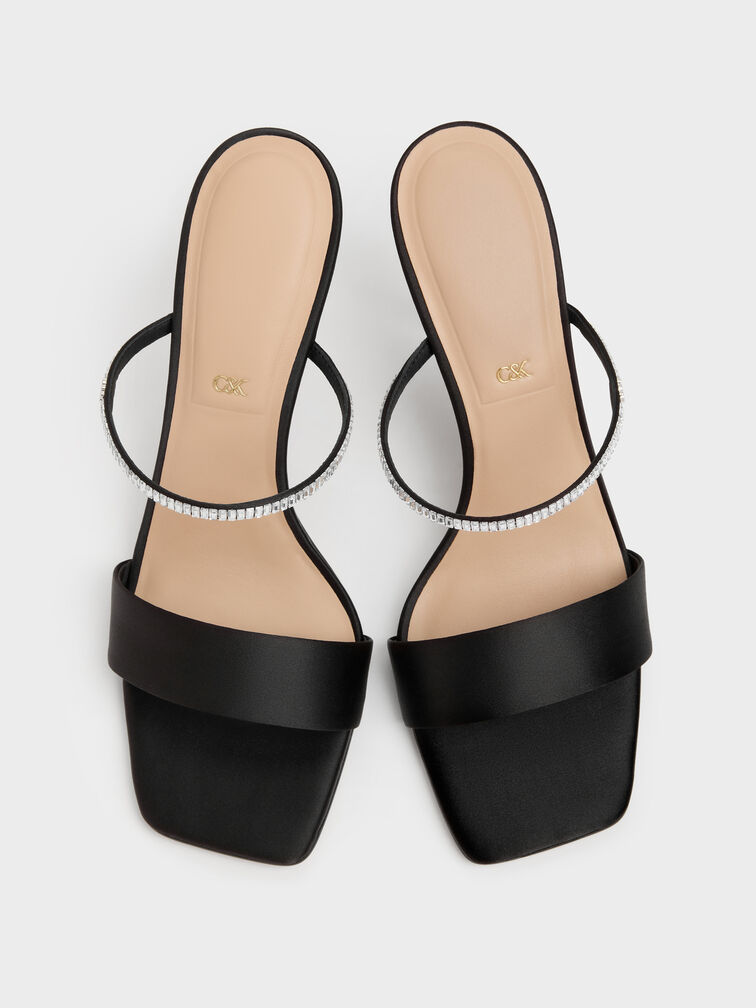 Gem Heeled Mules, Black Textured, hi-res