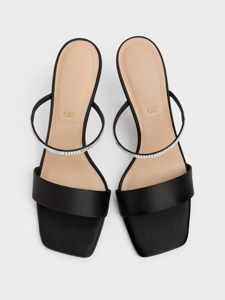 Gem Heeled Mules, Black Textured, hi-res
