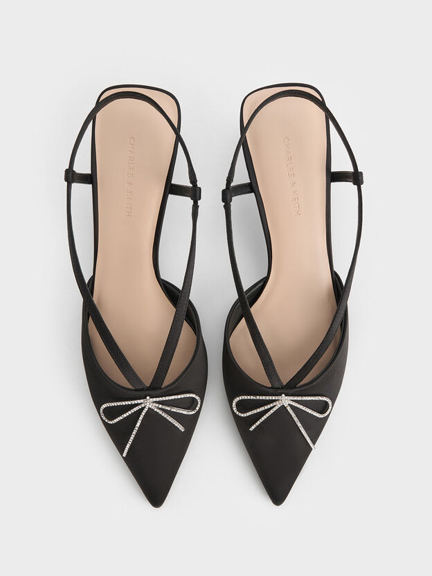 Crystal-Bow Kitten-Heel Slingback Pumps, Black Textured, hi-res