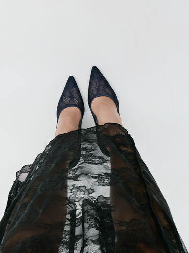 Lace & Satin Stiletto Pumps, Dark Blue, hi-res