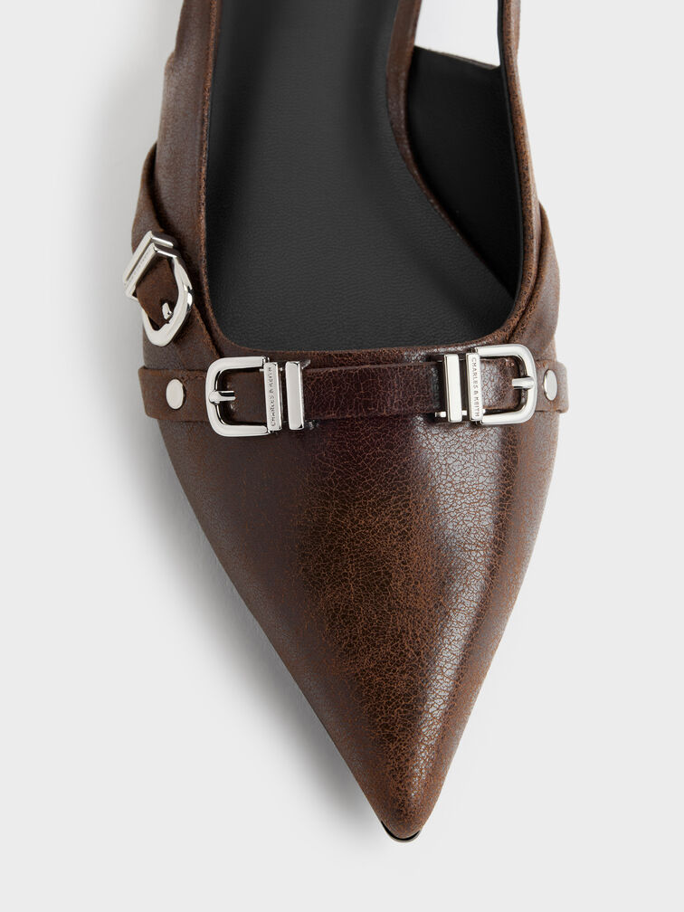 Aira Buckled-Strap Slingback Flats, Dark Brown, hi-res